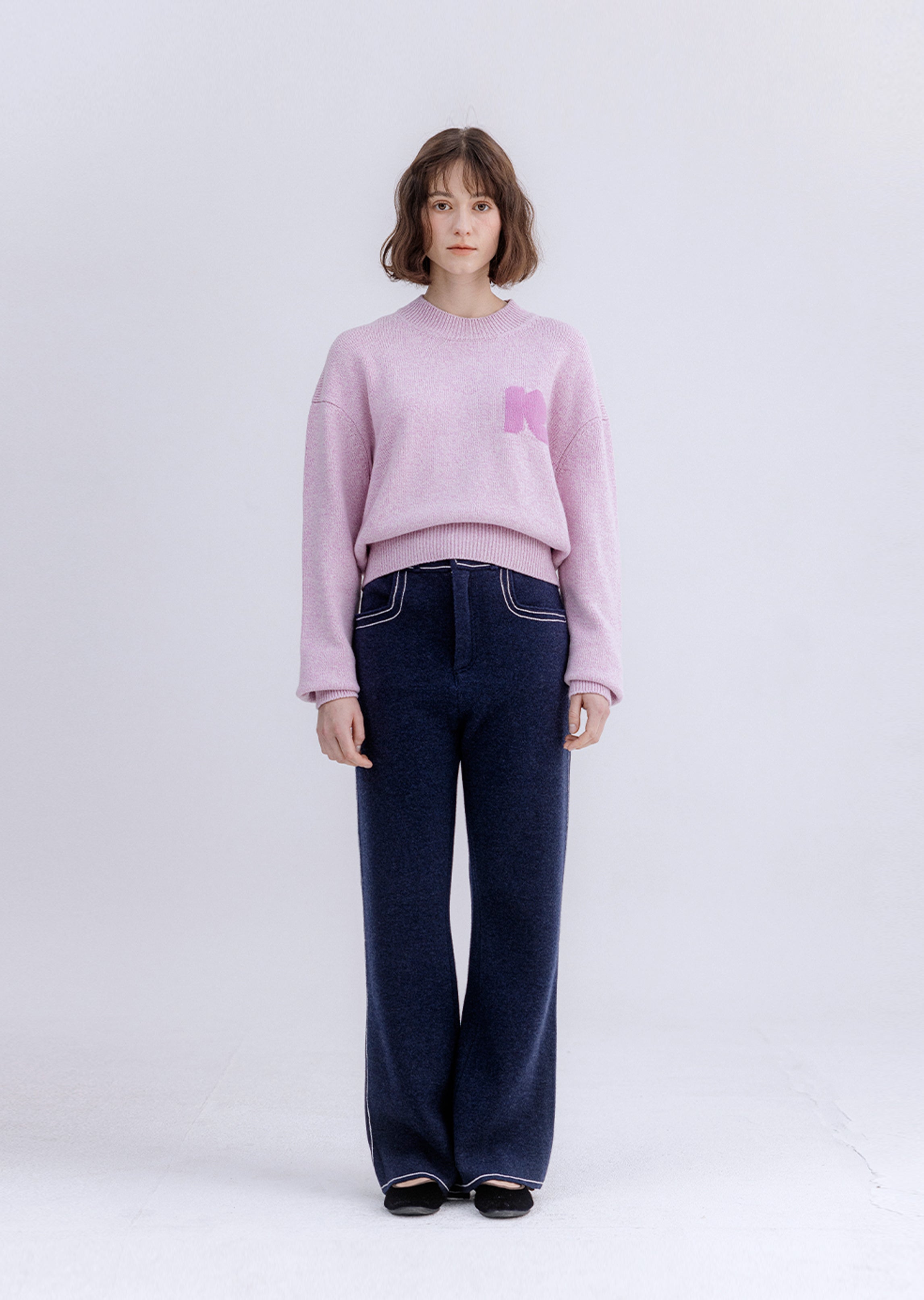 Knit Denim-Like Wool Bootcut Pants Navy