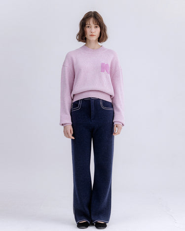 Knit Denim-Like Wool Bootcut Pants Navy