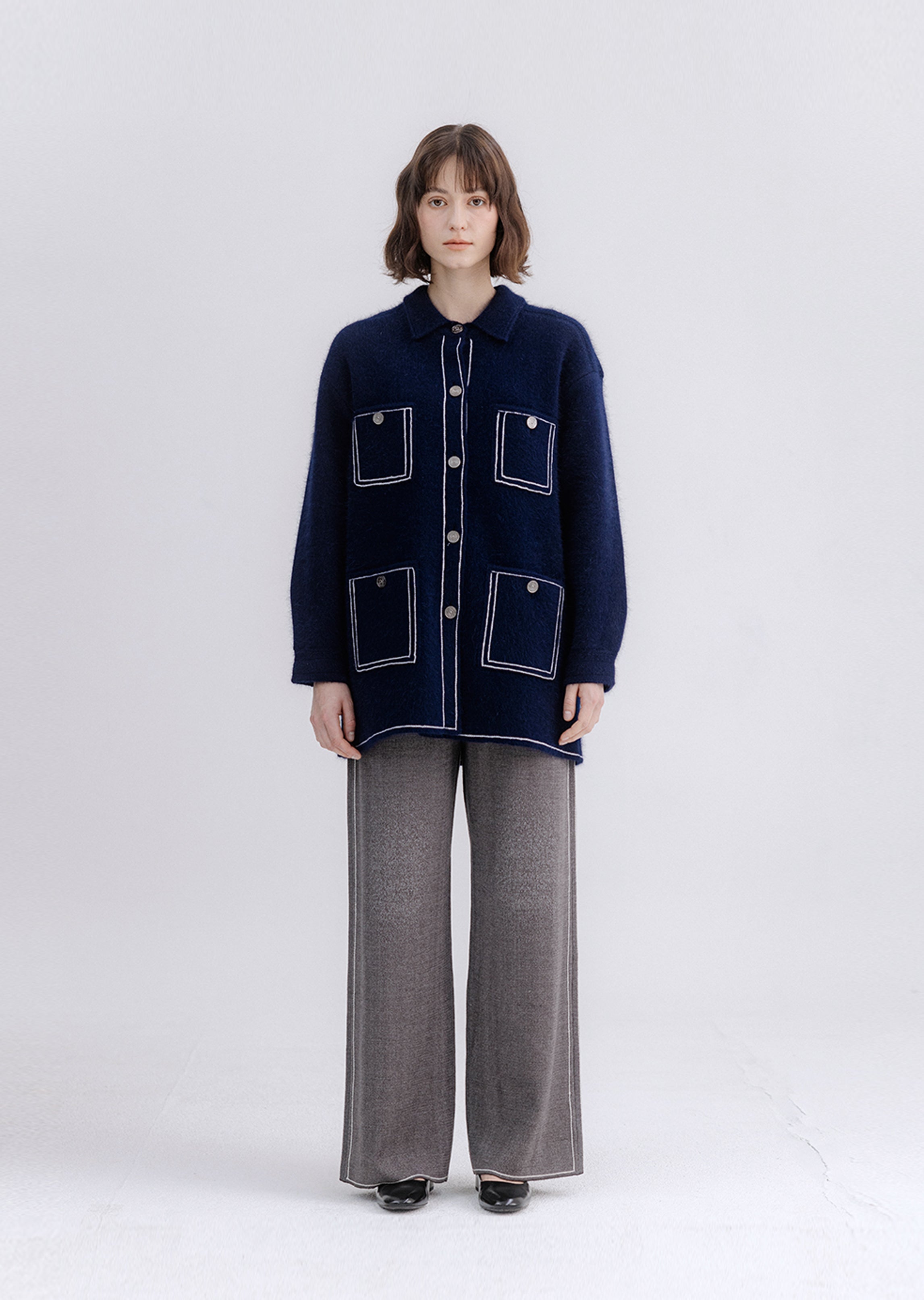 Knit Denim-Like Long Shirt Jacket 