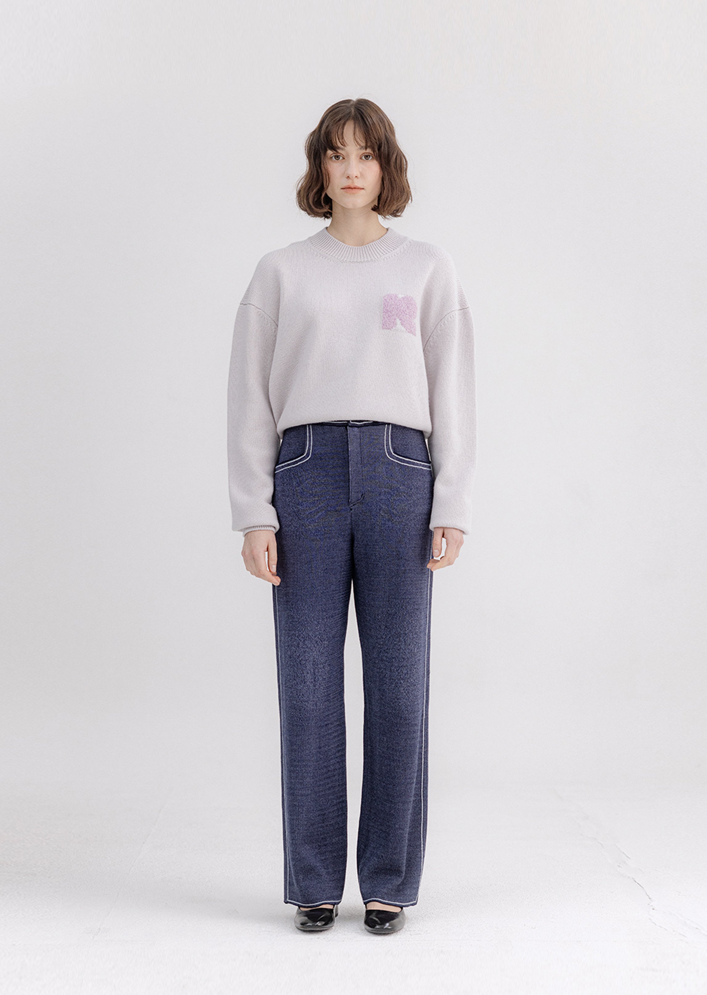 Knit Denim-Like Washed Straight Pants