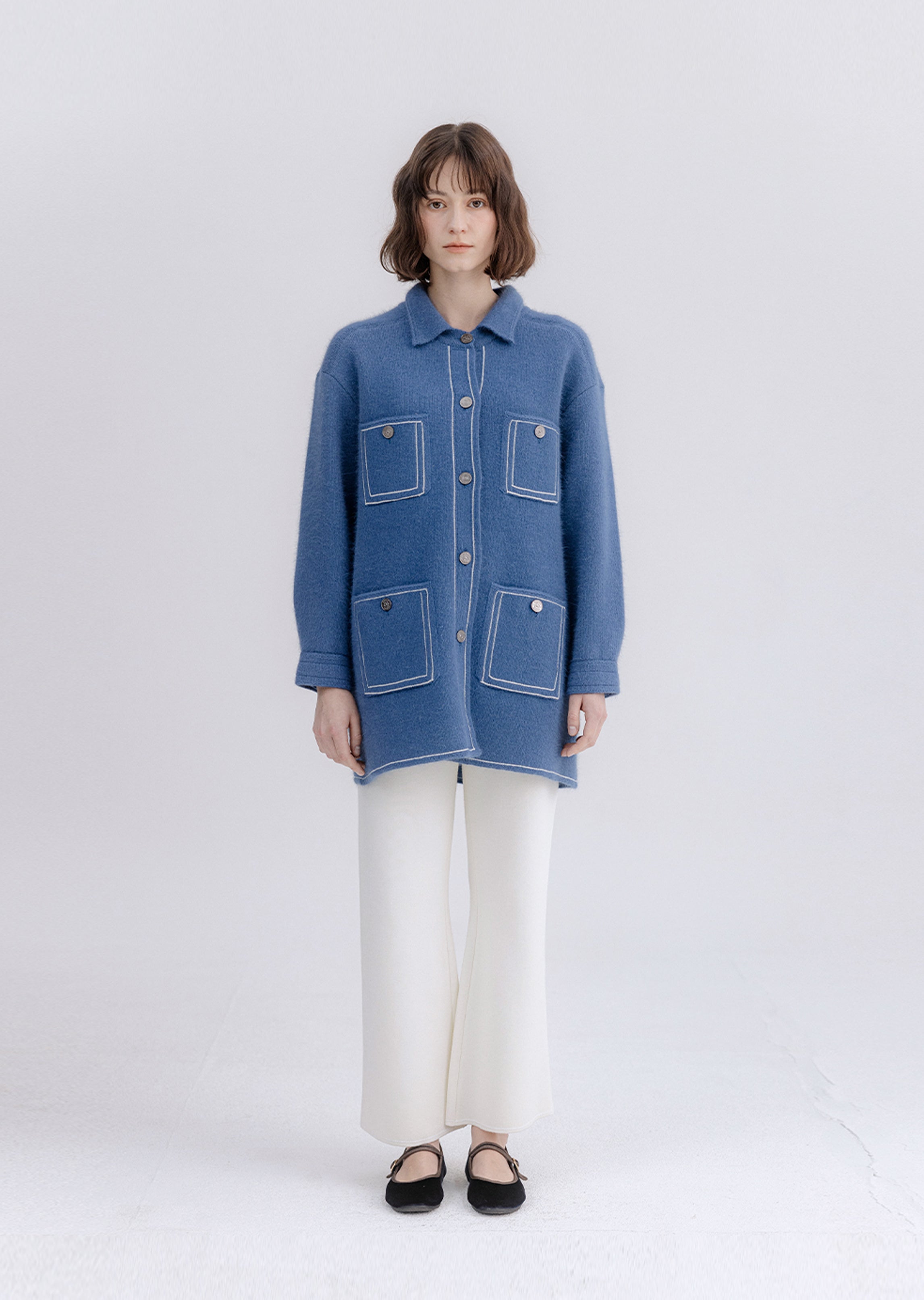 Knit Denim-Like Long Shirt Jacket 